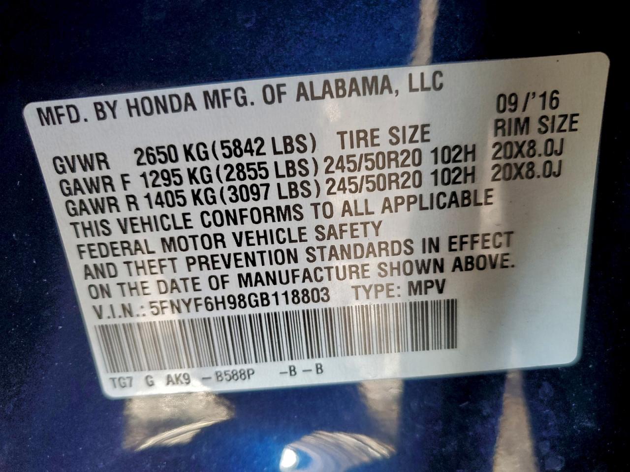 2016 HONDA PILOT TOURING photo 13