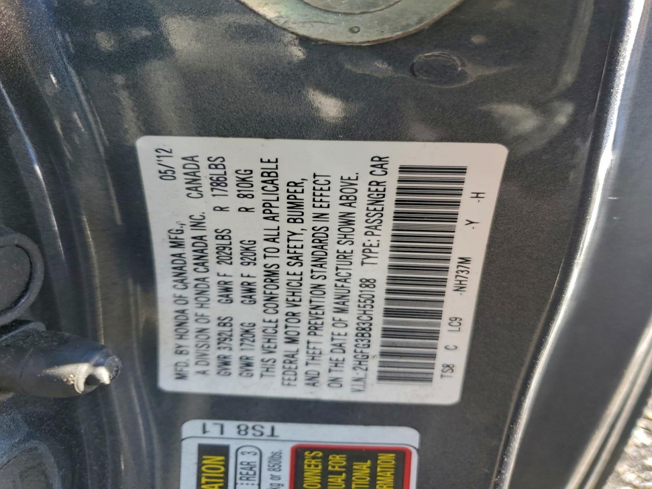 2012 HONDA CIVIC EX photo 12