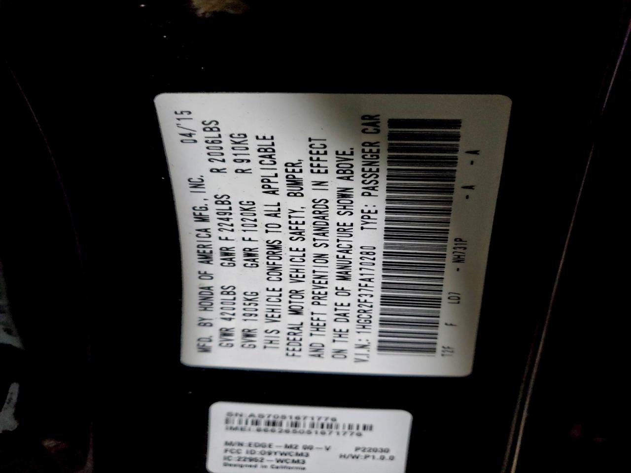 2015 HONDA ACCORD LX photo 12