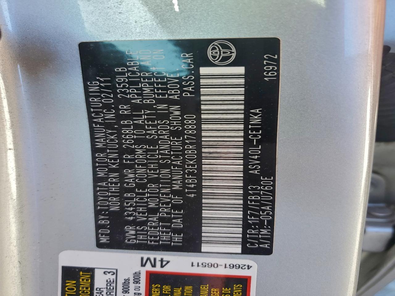 2011 TOYOTA CAMRY BASE photo 12