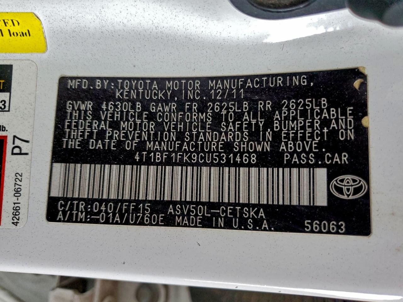 2012 TOYOTA CAMRY BASE photo 12