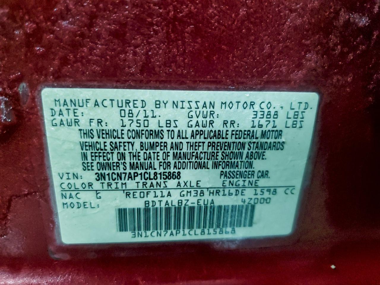 2012 NISSAN VERSA S photo 12