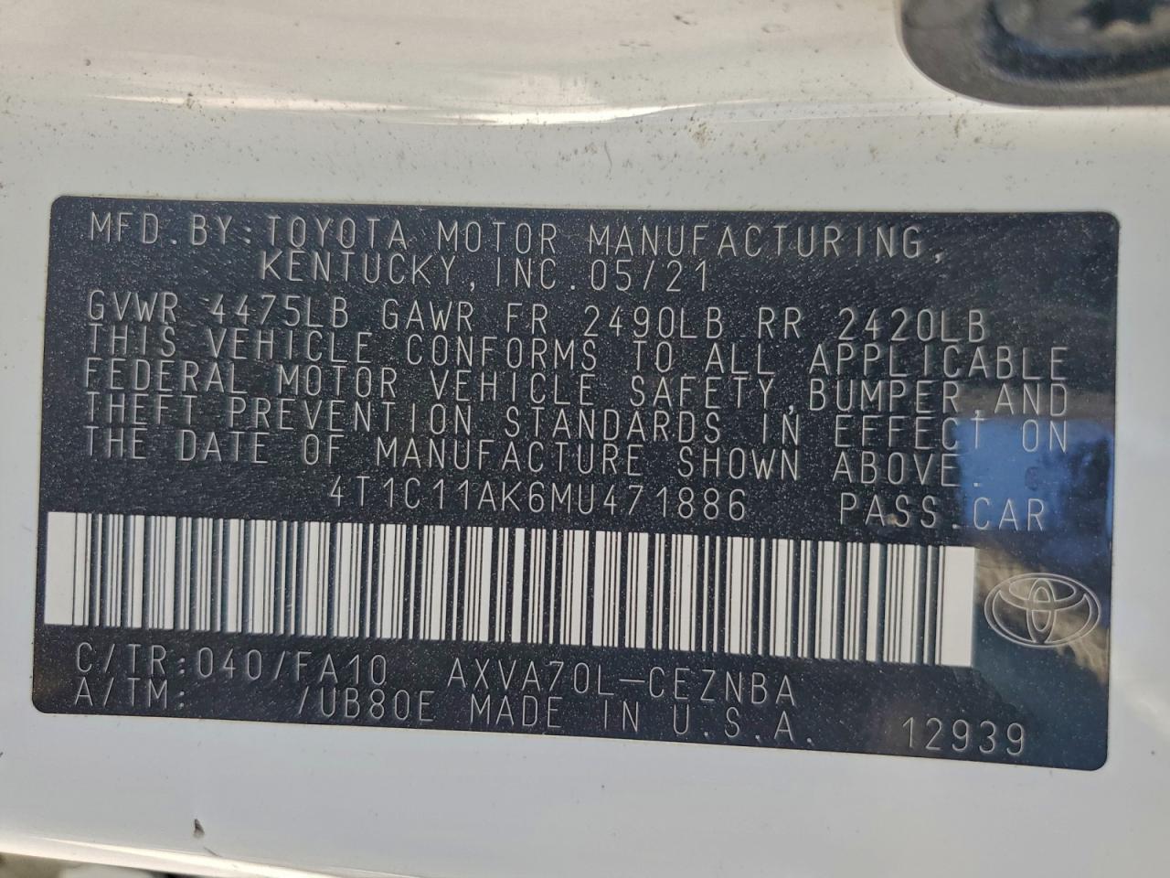2021 TOYOTA CAMRY photo 13