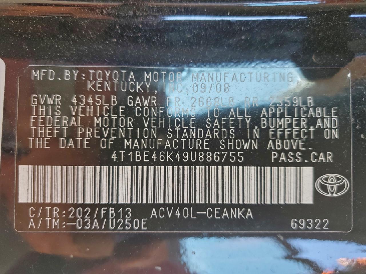 2009 TOYOTA CAMRY BASE photo 13