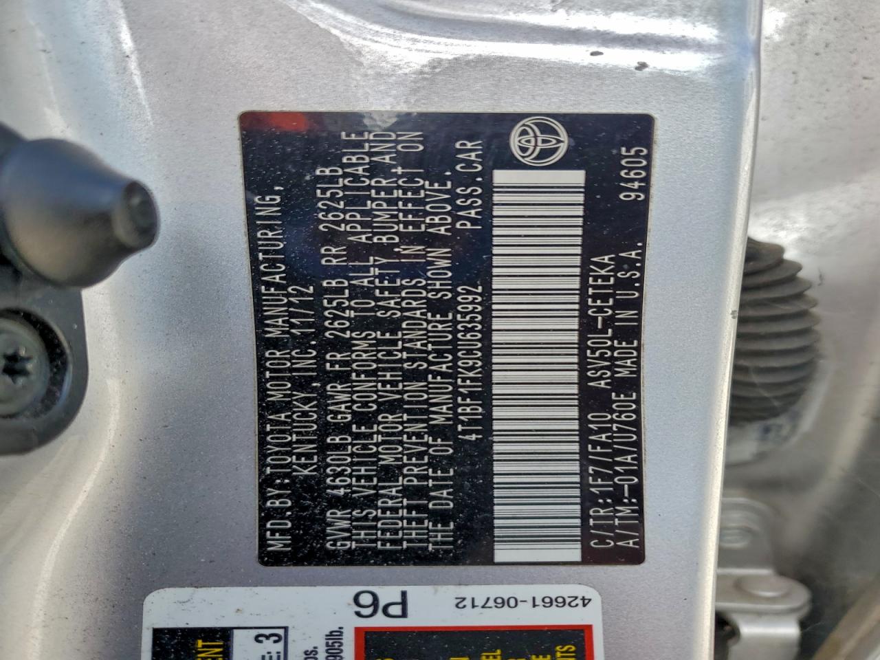 2012 TOYOTA CAMRY BASE photo 12