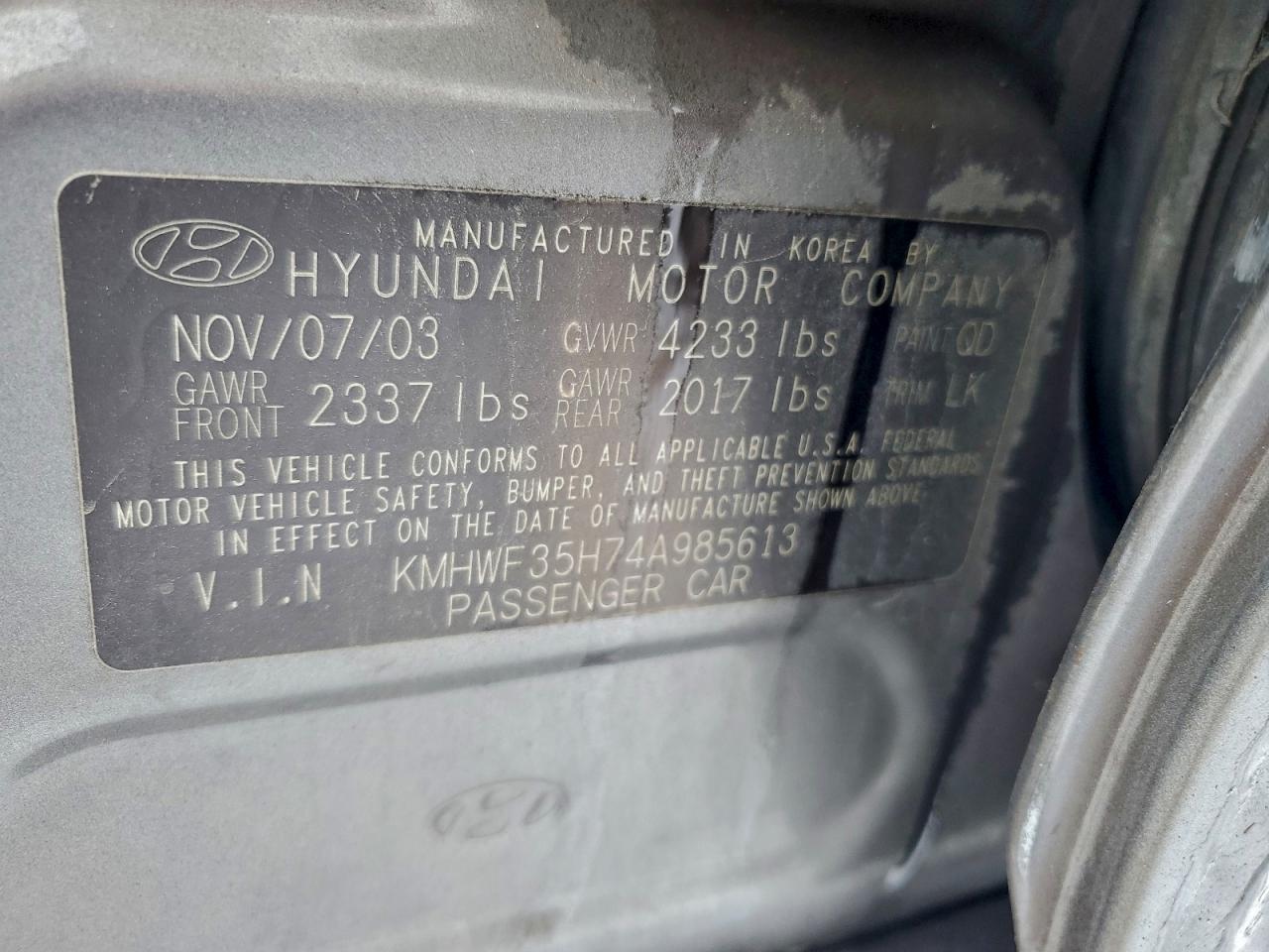2004 HYUNDAI SONATA GLS photo 12