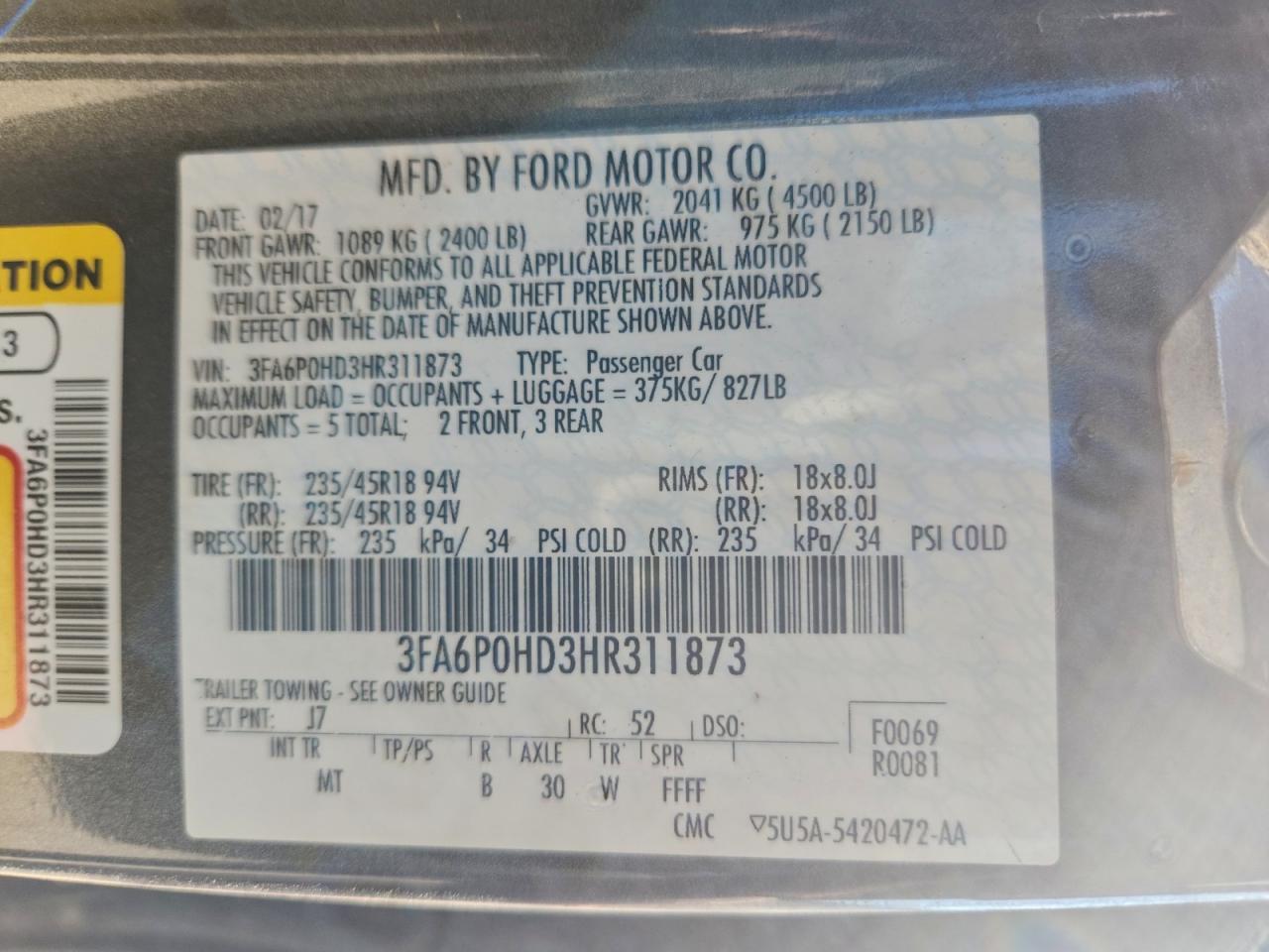 2017 FORD FUSION SE photo 12