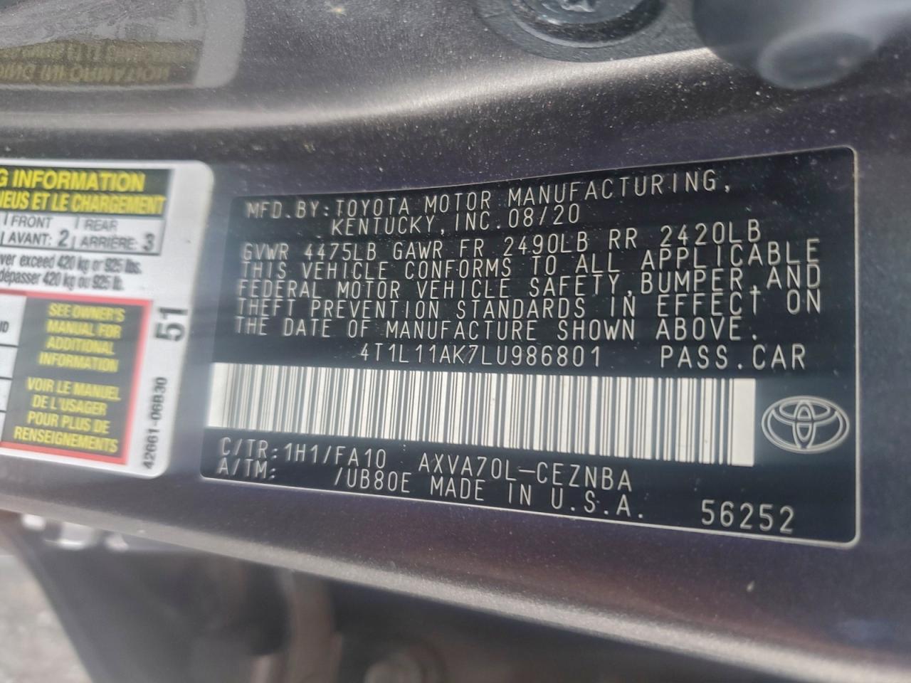 2020 TOYOTA CAMRY LE photo 12