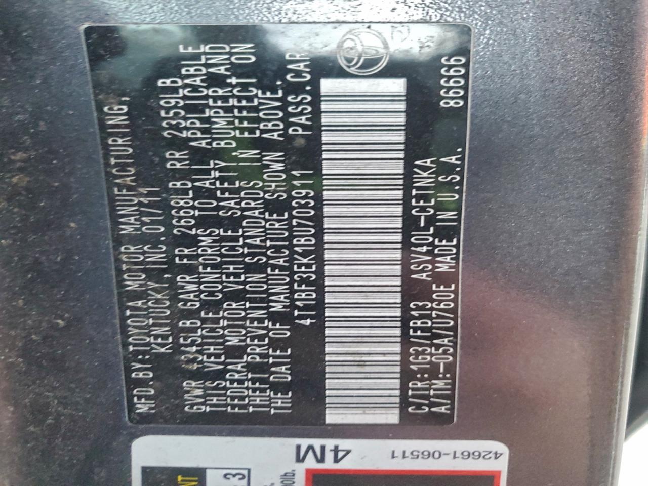 2011 TOYOTA CAMRY BASE photo 12