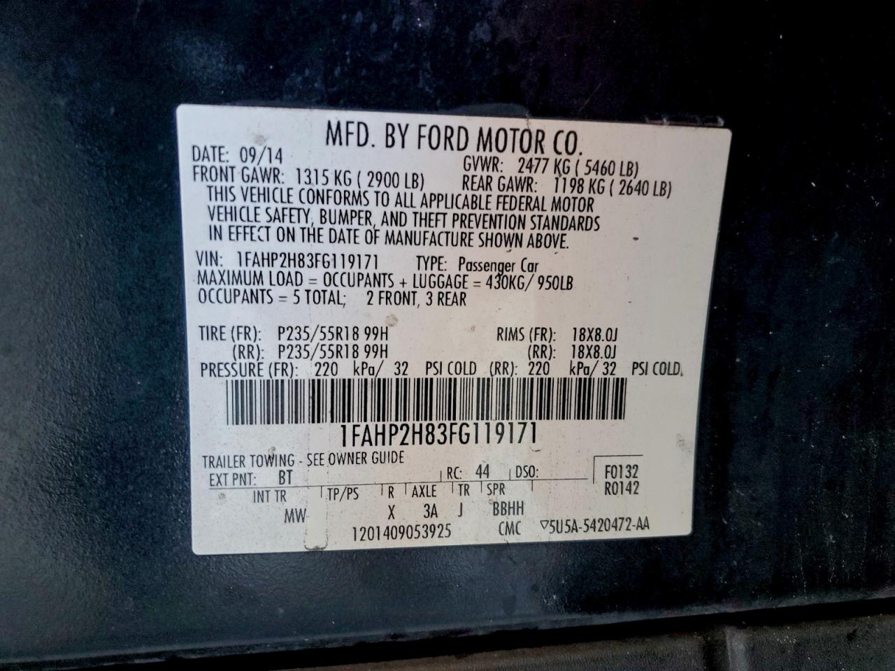 2015 FORD TAURUS SEL photo 12