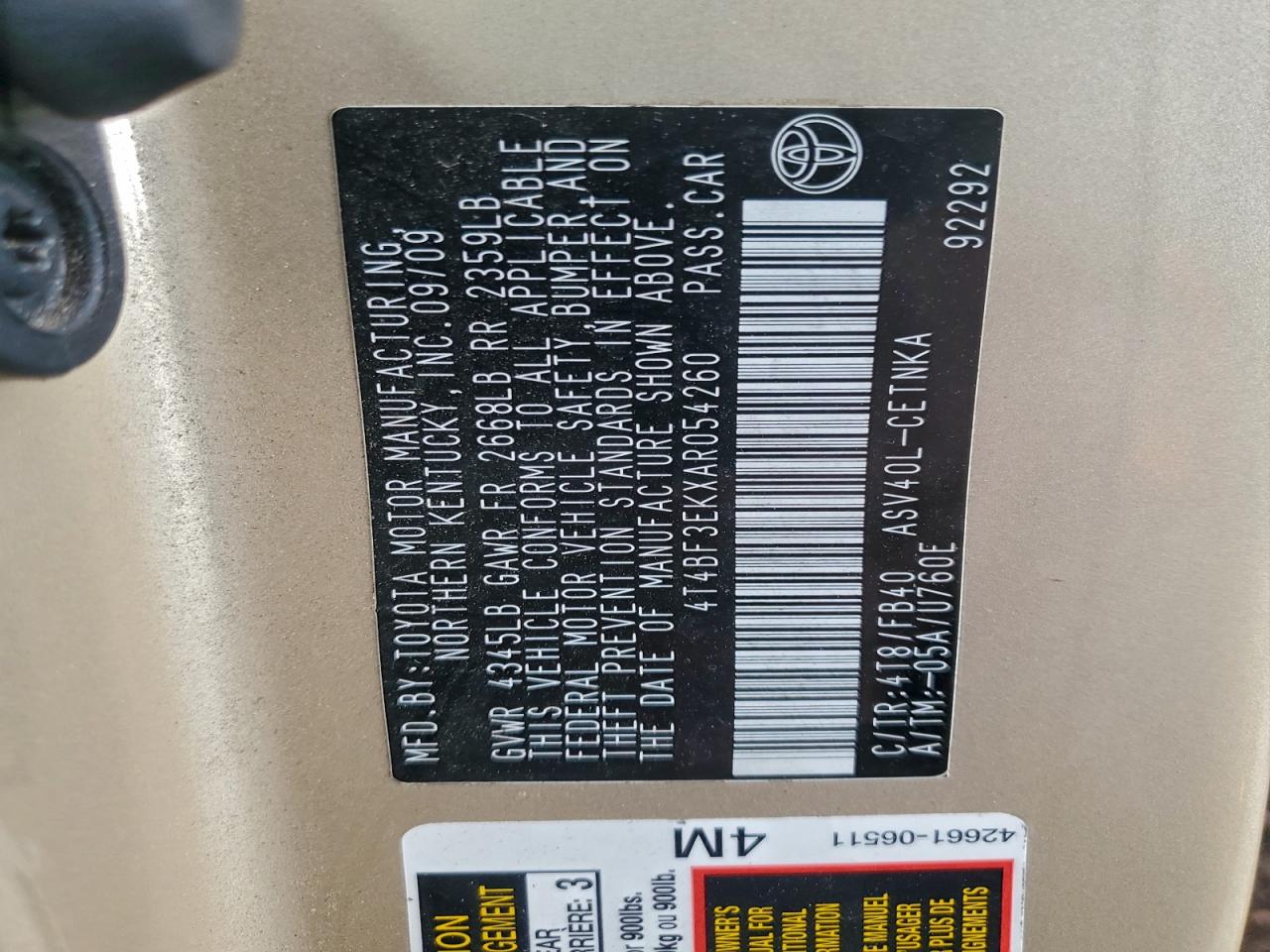 2010 TOYOTA CAMRY BASE photo 12