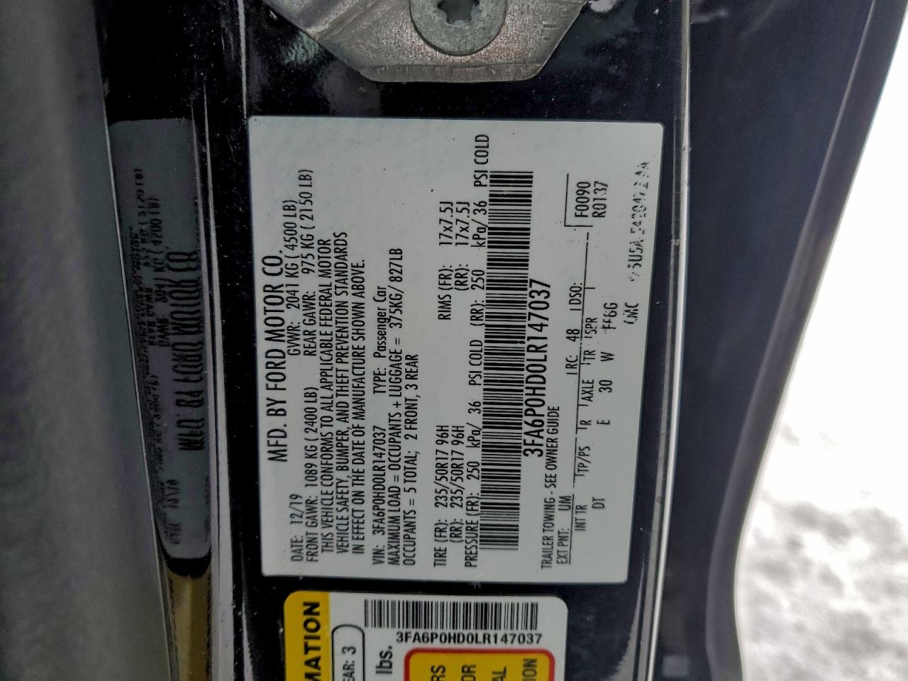 2020 FORD FUSION SE photo 12