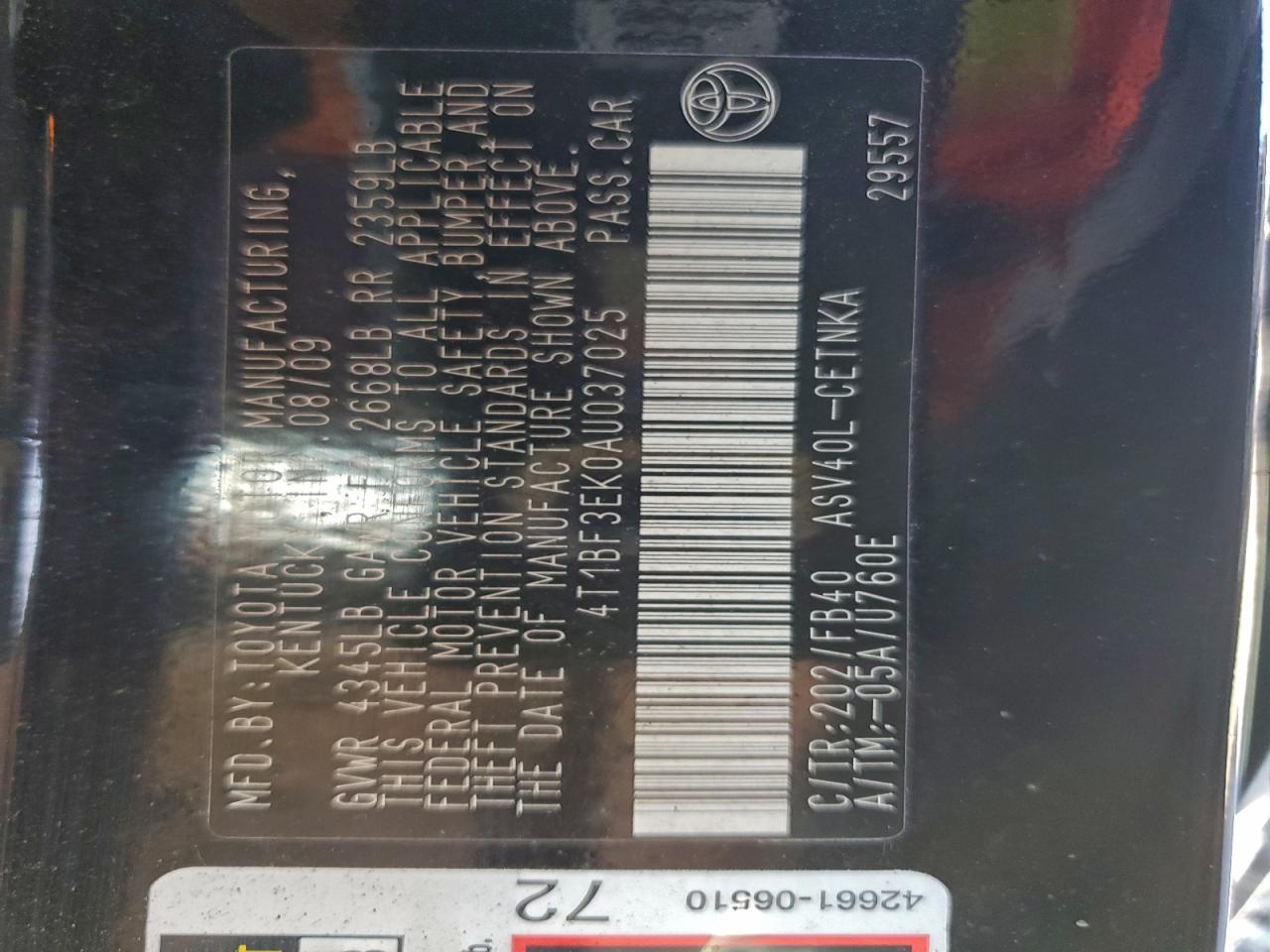 2010 TOYOTA CAMRY BASE photo 13