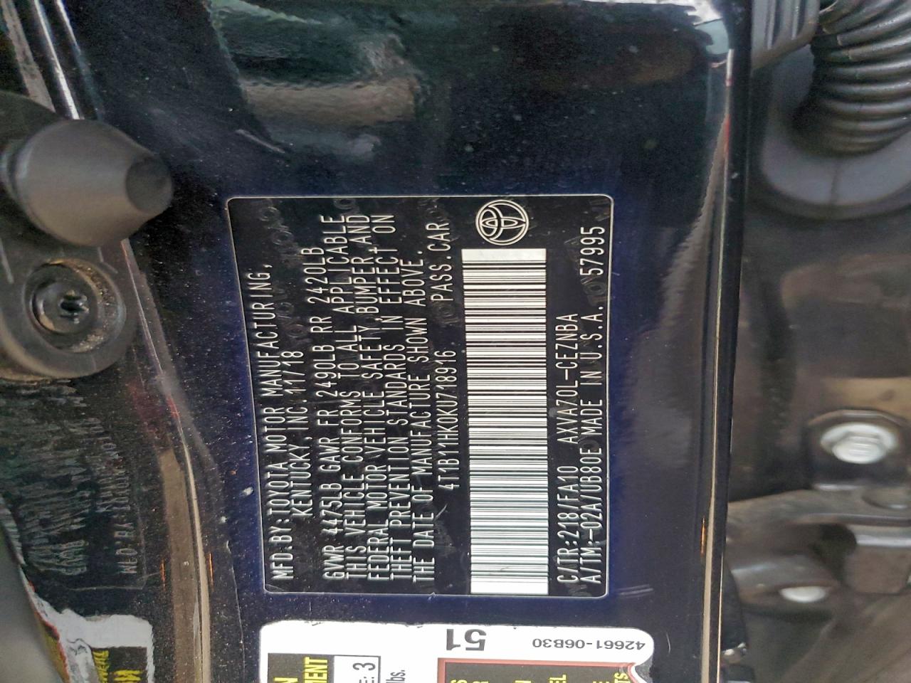 2019 TOYOTA CAMRY L photo 12