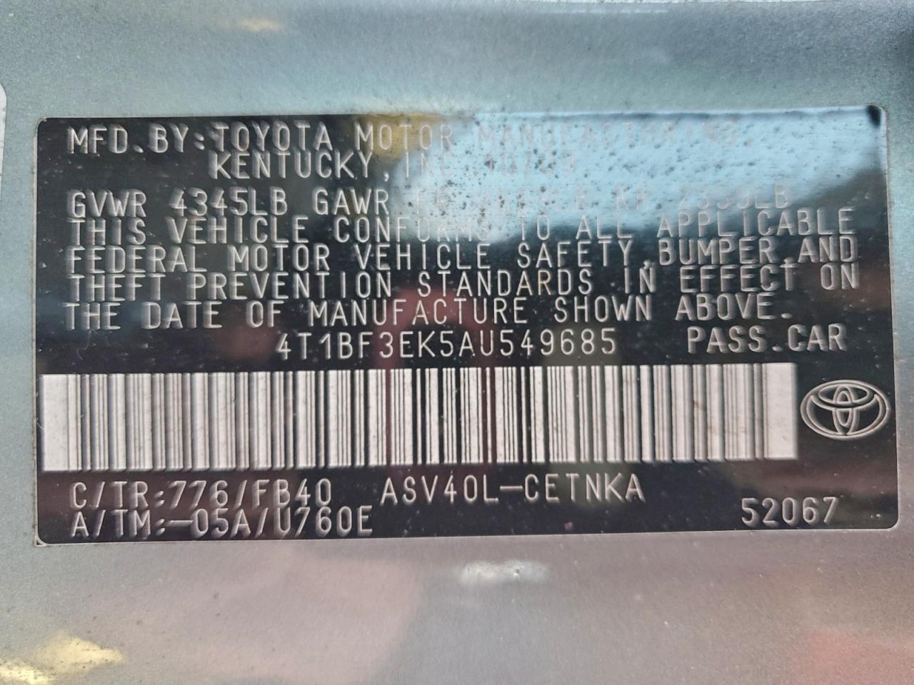 2010 TOYOTA CAMRY BASE photo 12