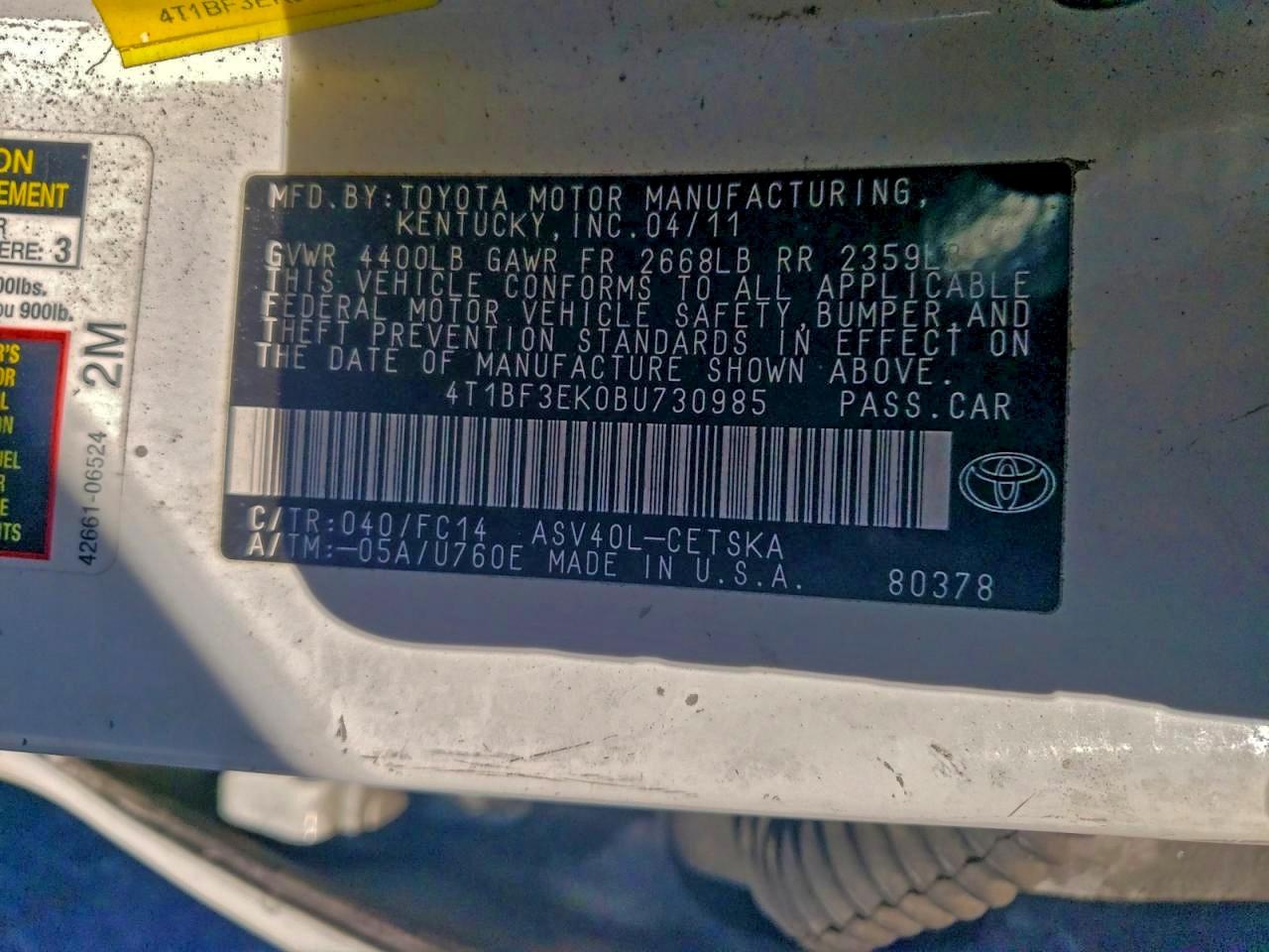 2011 TOYOTA CAMRY BASE photo 12