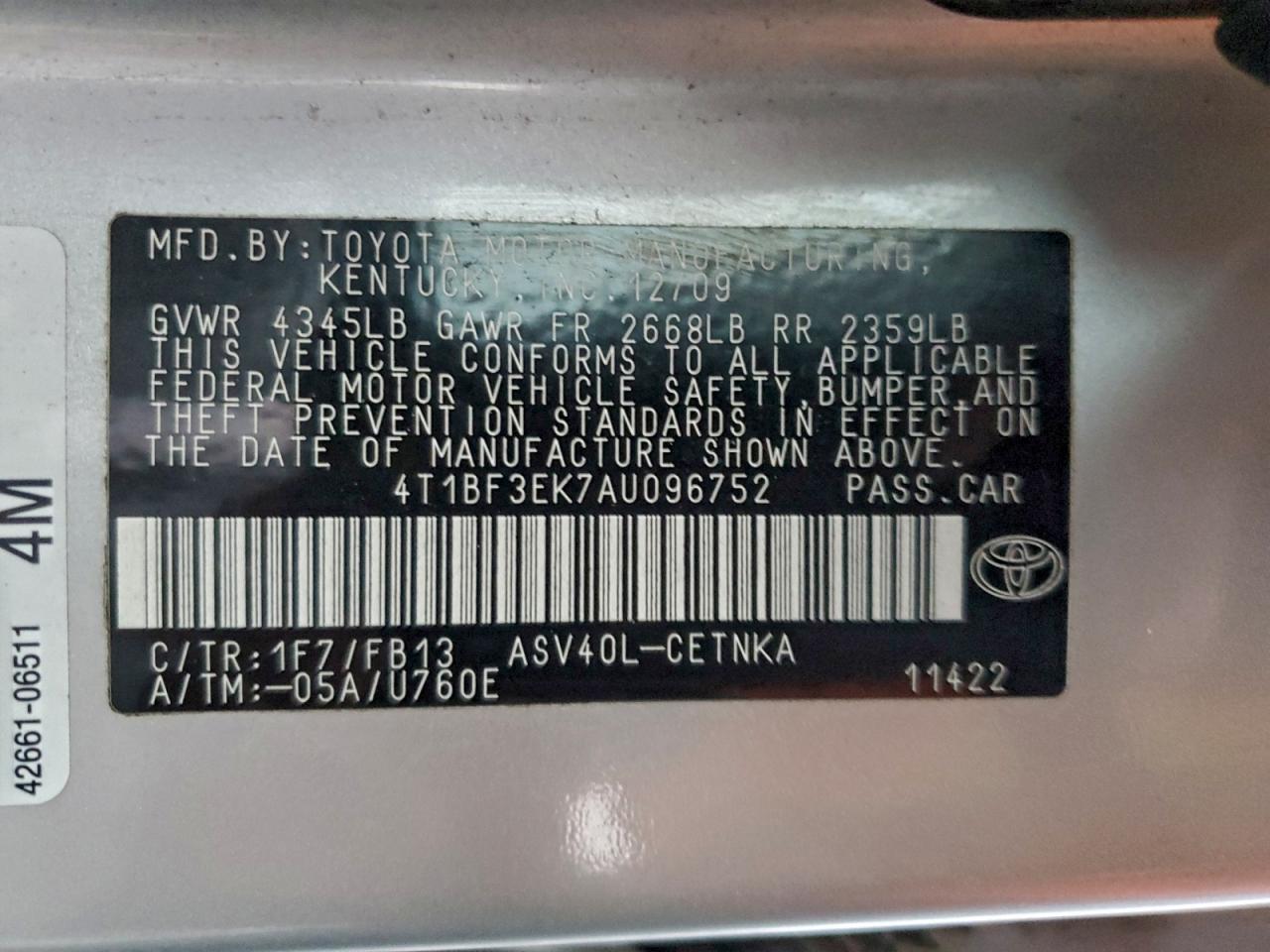 2010 TOYOTA CAMRY BASE photo 12
