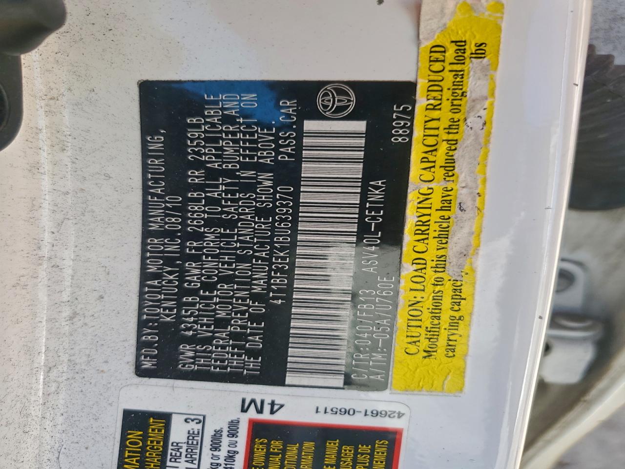 2011 TOYOTA CAMRY BASE photo 12