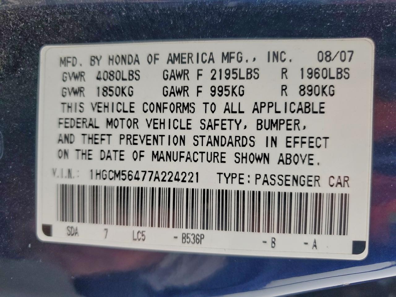 2007 HONDA ACCORD LX photo 12