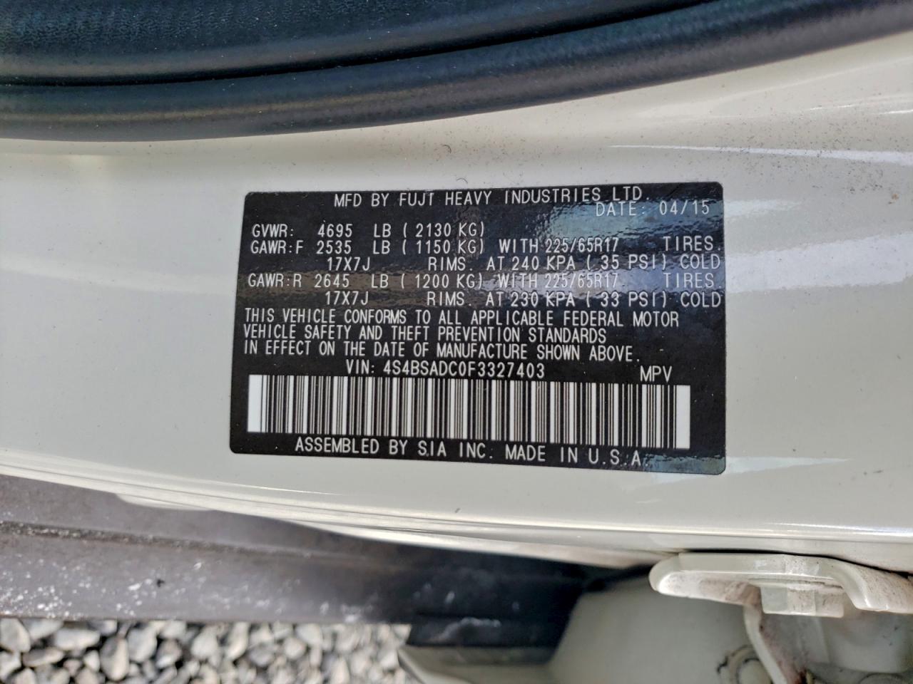 2015 SUBARU OUTBACK 2.5I PREMIUM photo 12