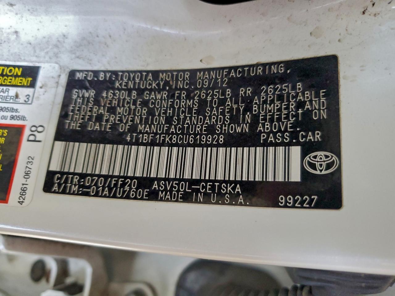 2012 TOYOTA CAMRY BASE photo 12