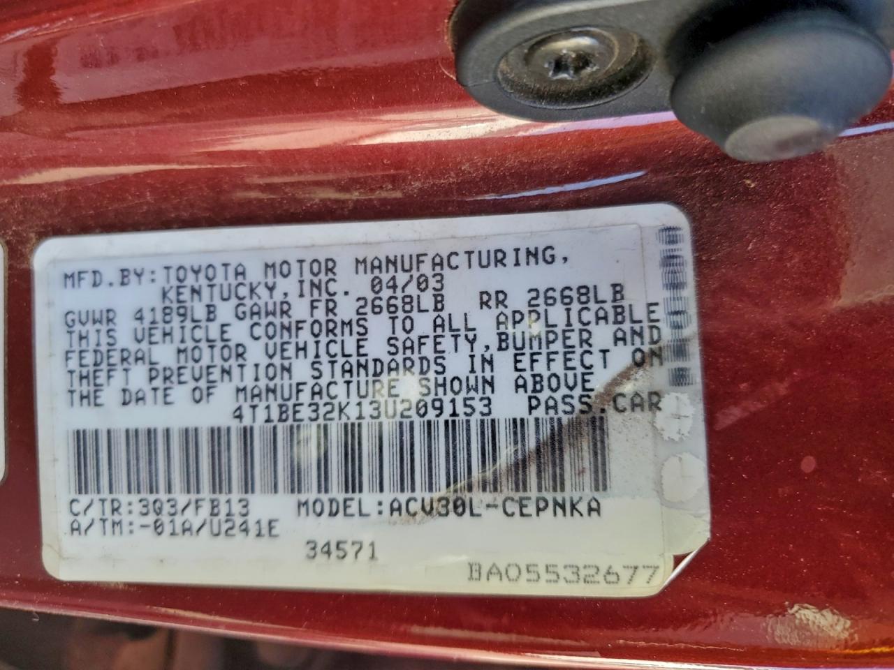 2003 TOYOTA CAMRY LE photo 12