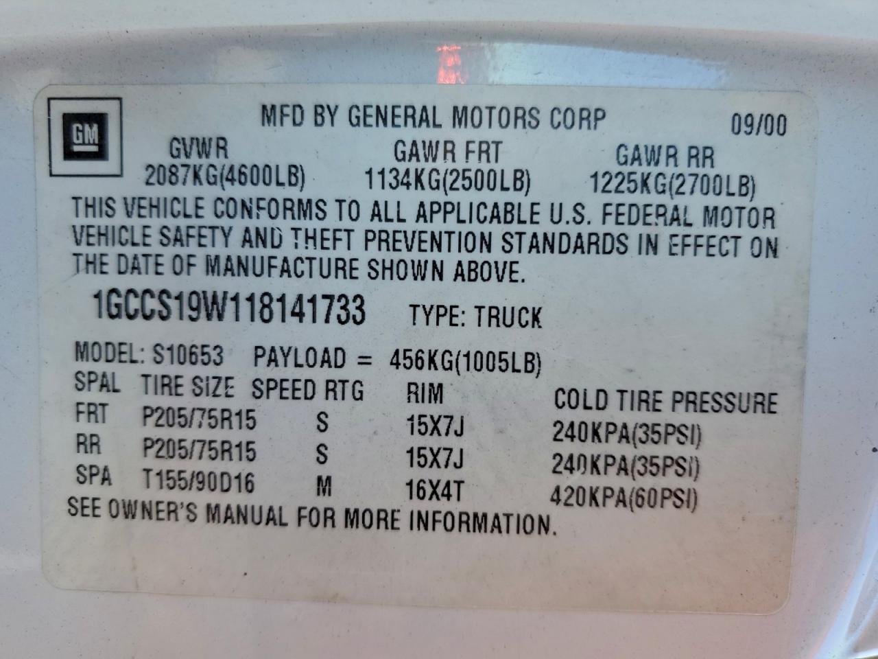 2001 CHEVROLET S TRUCK S10 photo 12