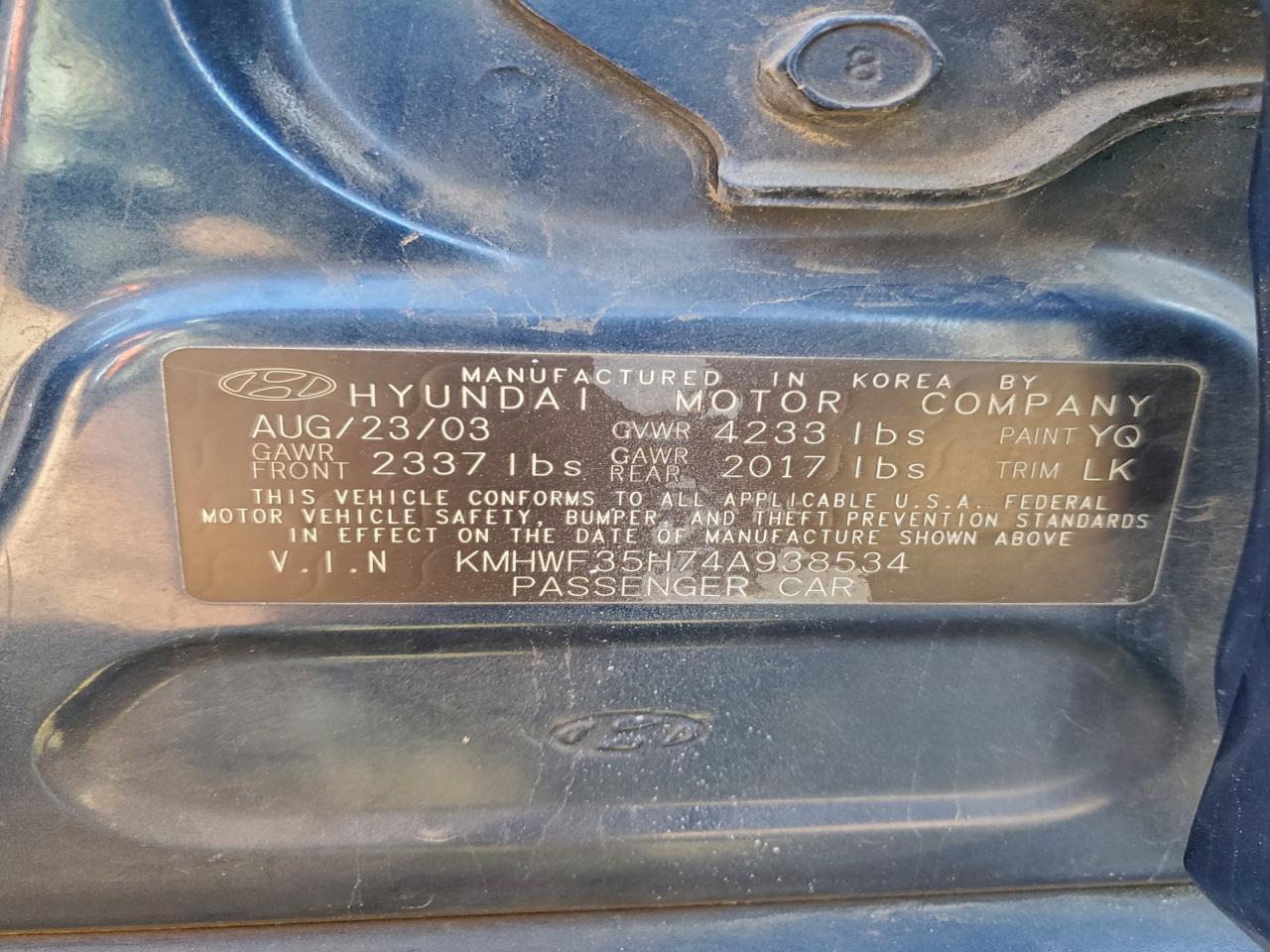 2004 HYUNDAI SONATA GLS photo 12