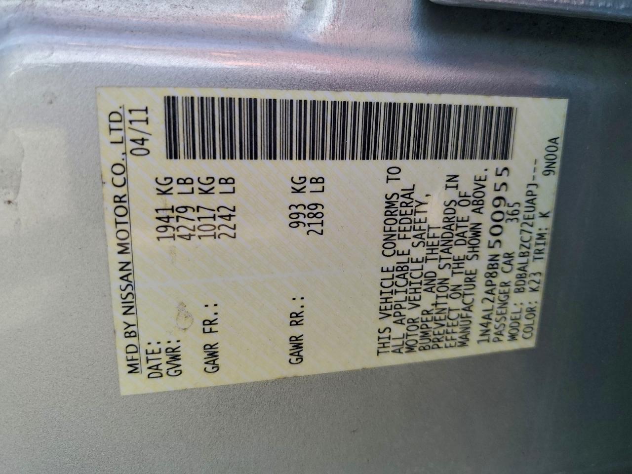 2011 NISSAN ALTIMA BASE photo 12