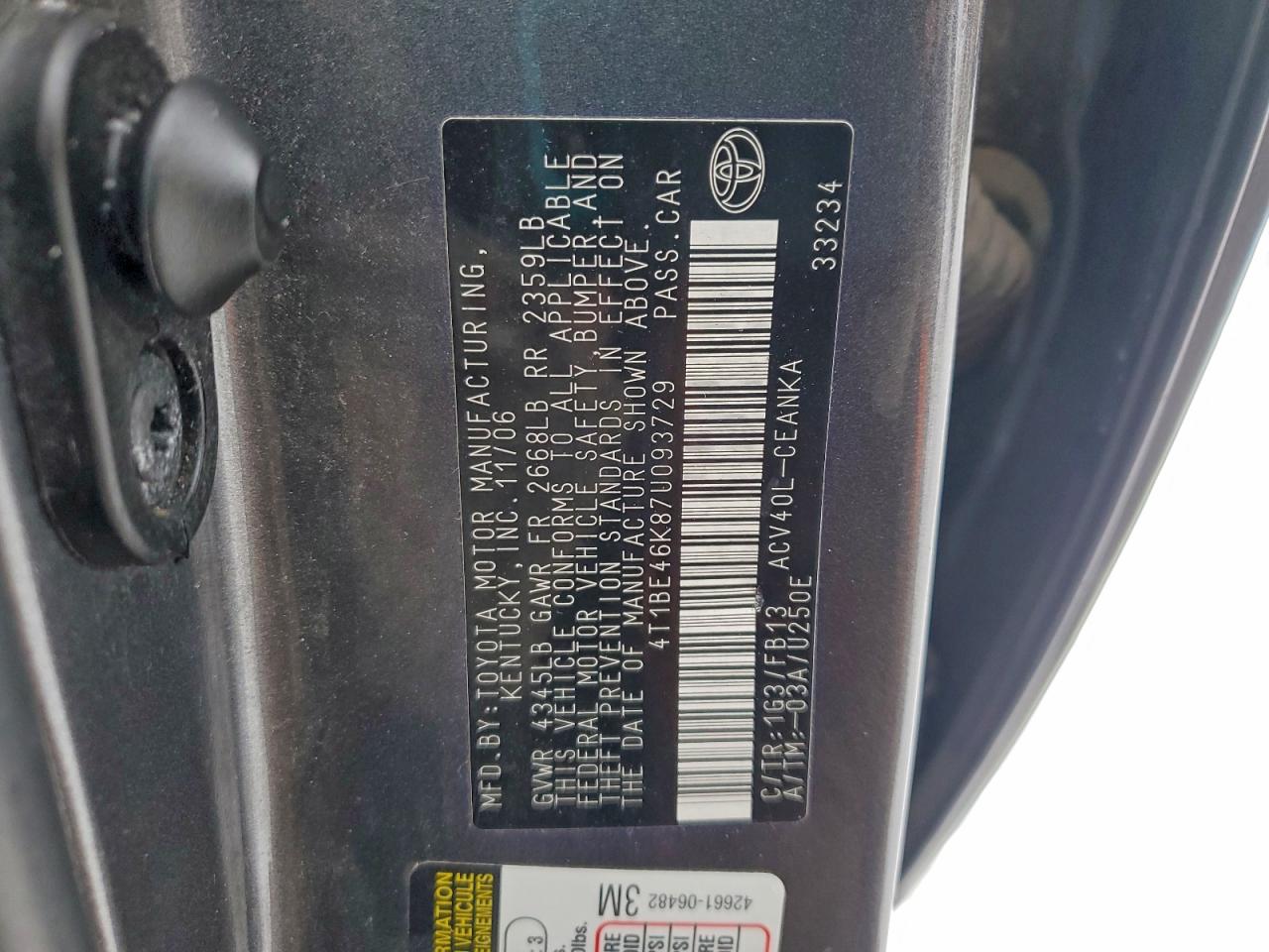 2007 TOYOTA CAMRY CE photo 12