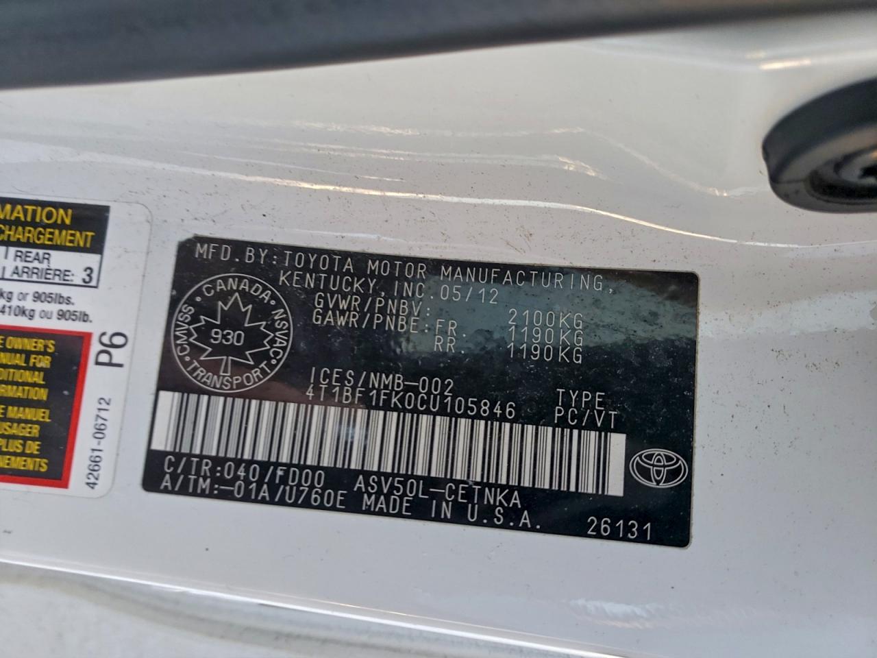 2012 TOYOTA CAMRY BASE photo 12
