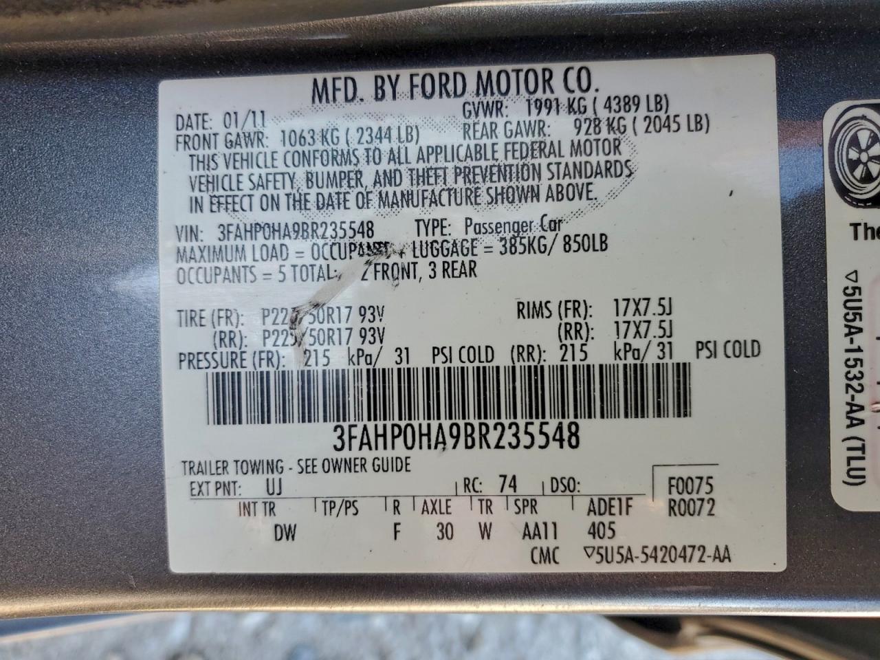 2011 FORD FUSION SE photo 12