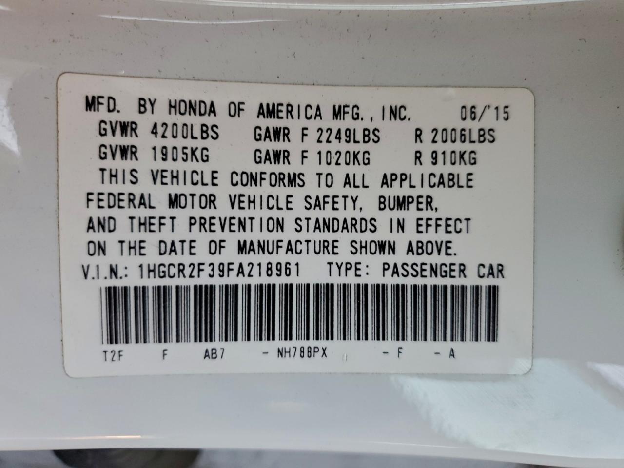 2015 HONDA ACCORD LX photo 12