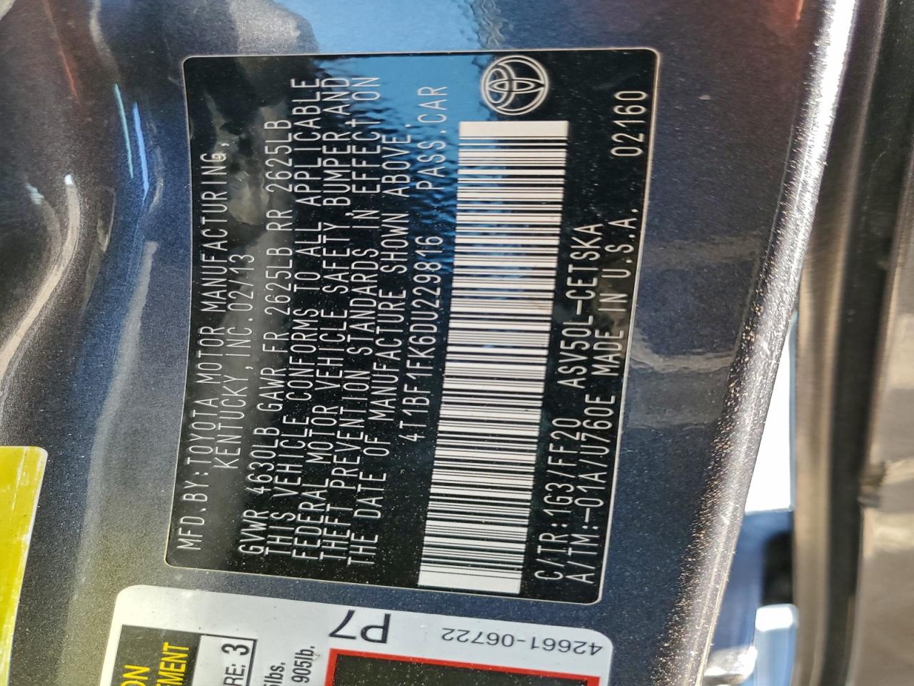 2013 TOYOTA CAMRY L photo 13