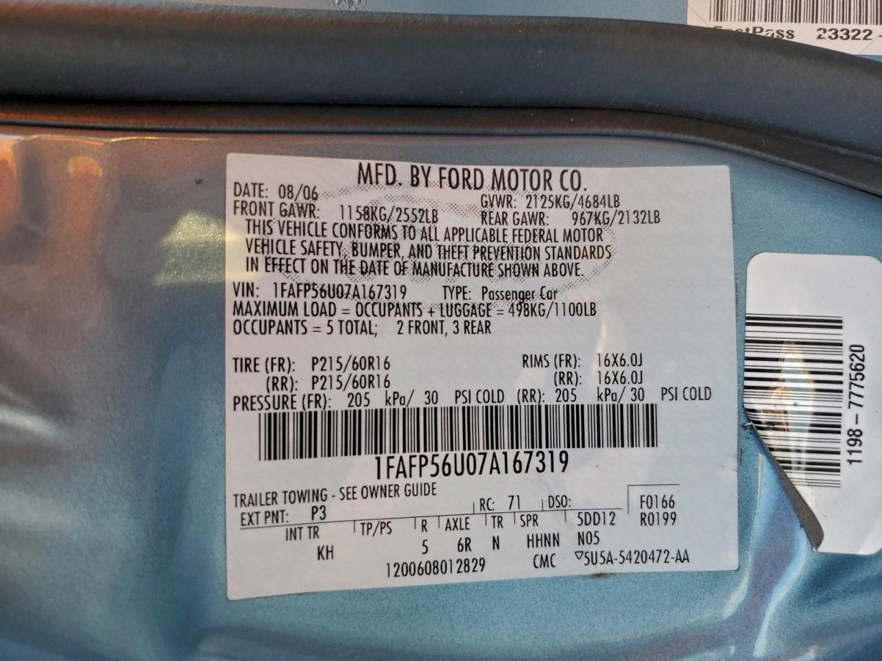 2007 FORD TAURUS SEL photo 12