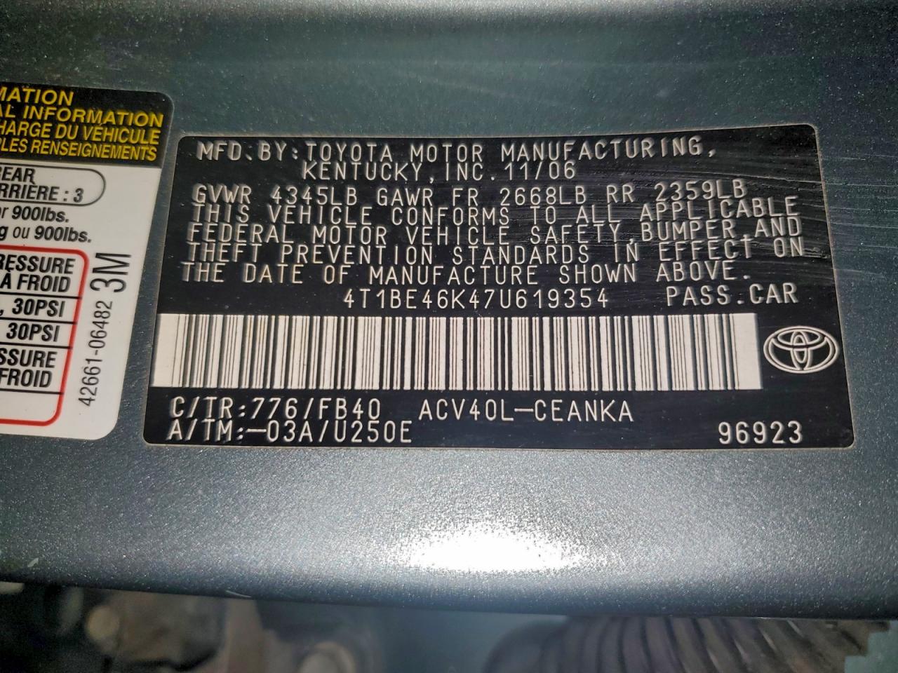 2007 TOYOTA CAMRY CE photo 34