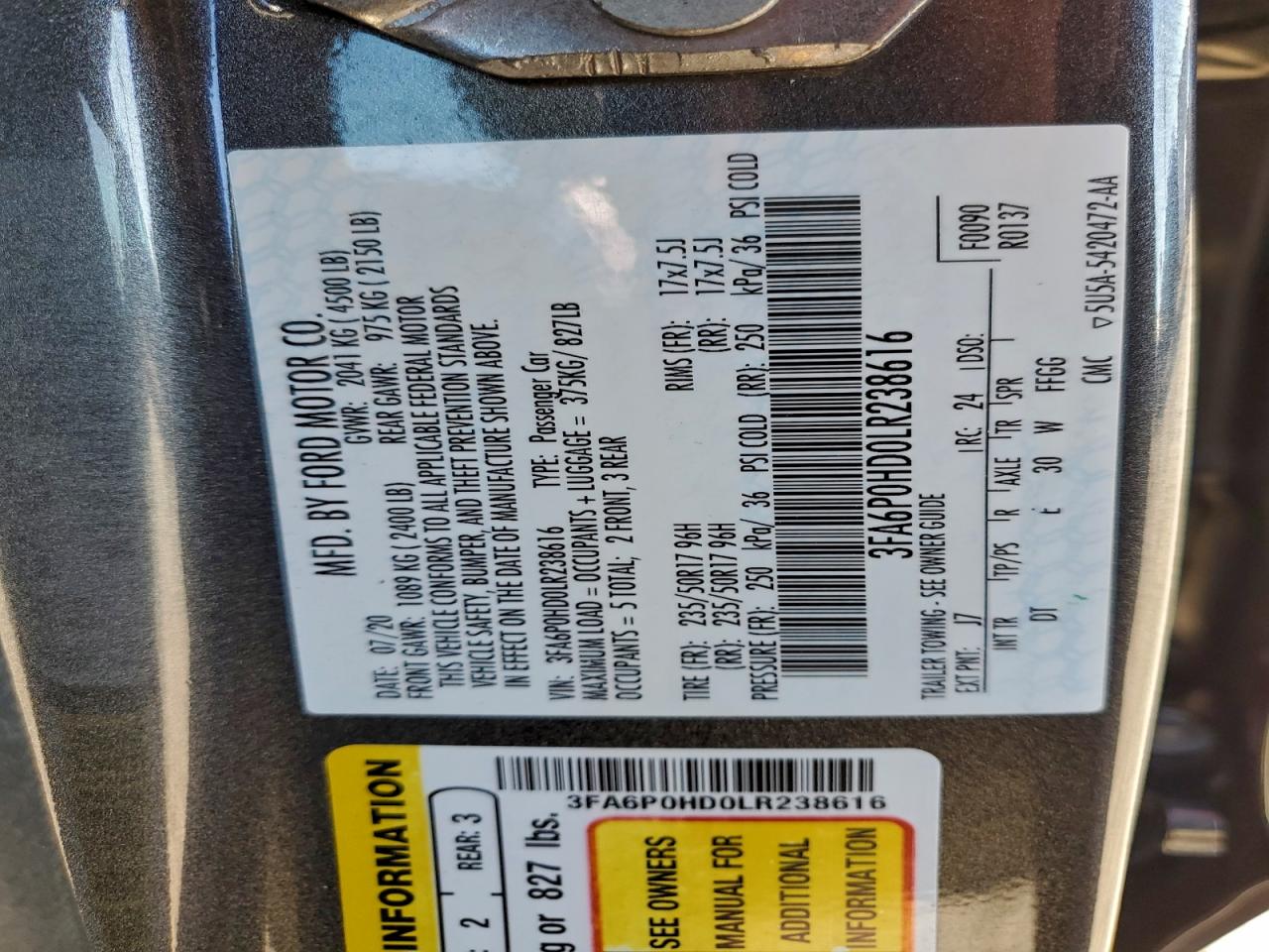 2020 FORD FUSION SE photo 37