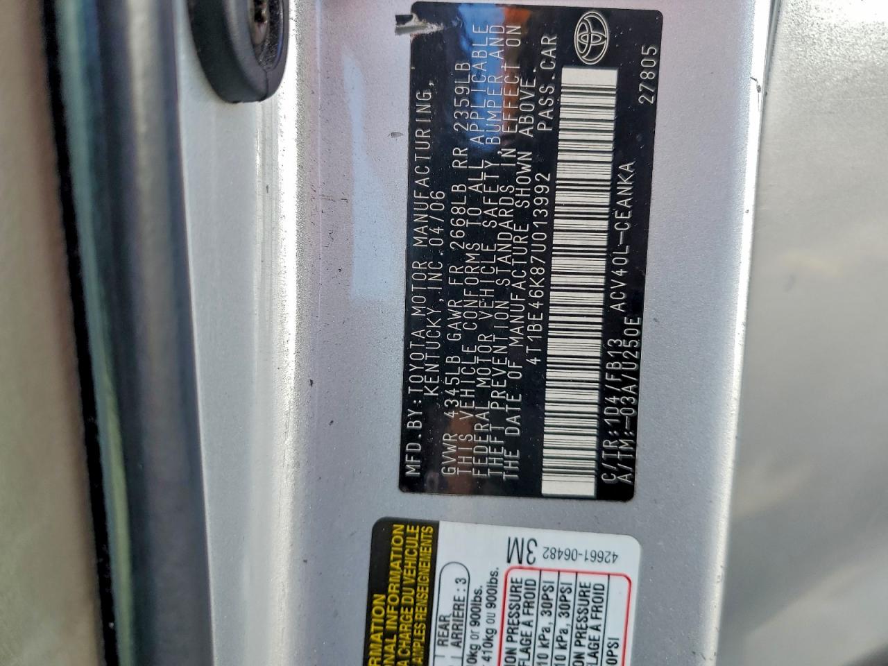 2007 TOYOTA CAMRY CE photo 12