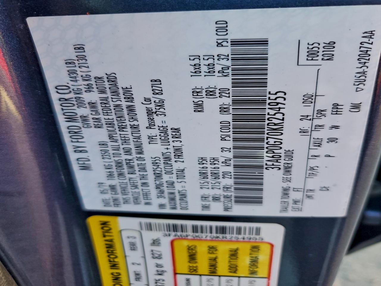 2019 FORD FUSION S photo 12