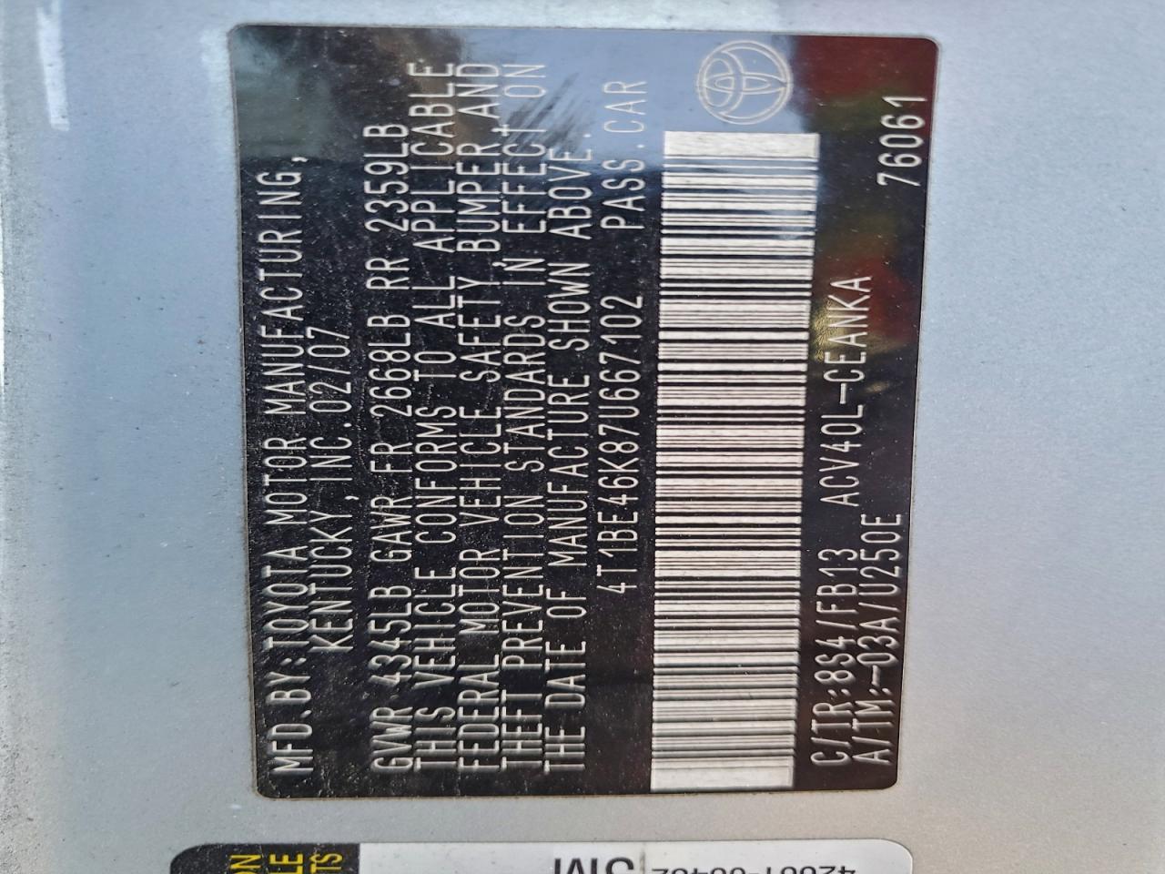 2007 TOYOTA CAMRY CE photo 24