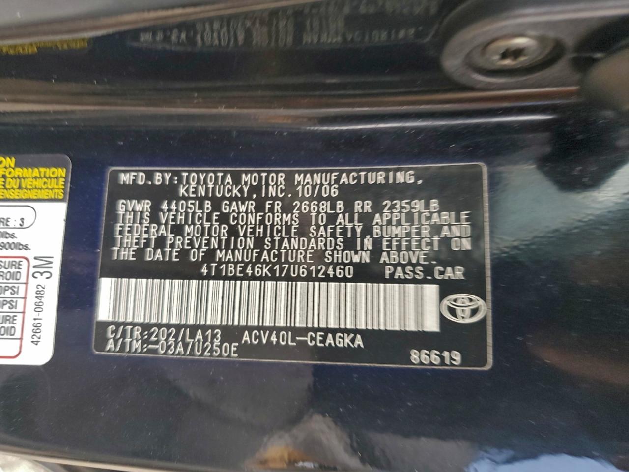 2007 TOYOTA CAMRY CE photo 12
