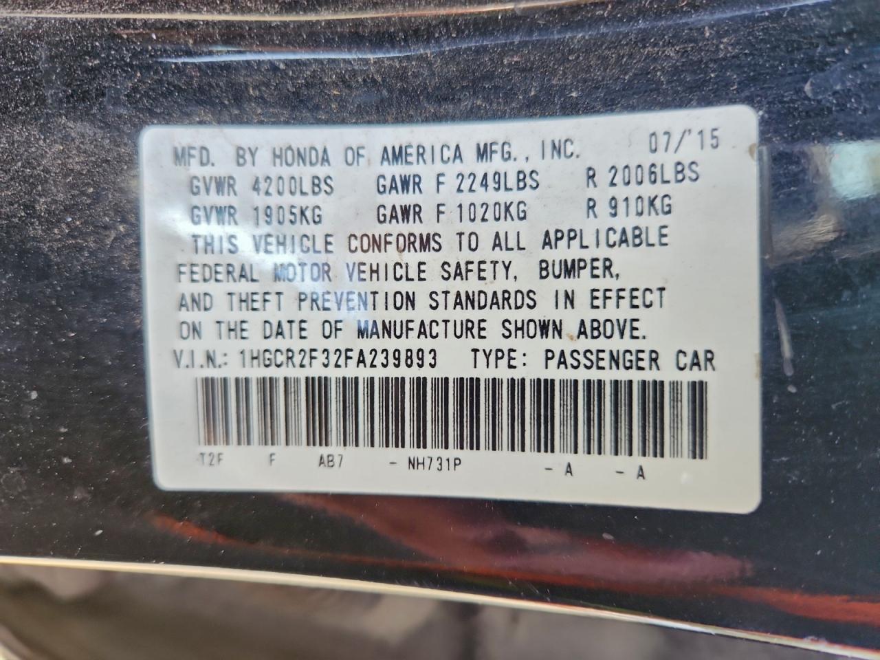 2015 HONDA ACCORD LX photo 12