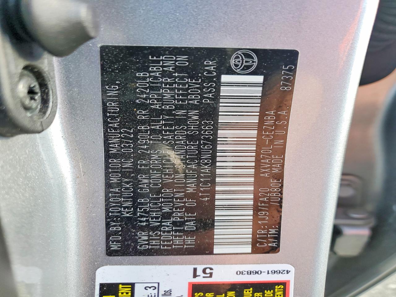 2022 TOYOTA CAMRY LE photo 12