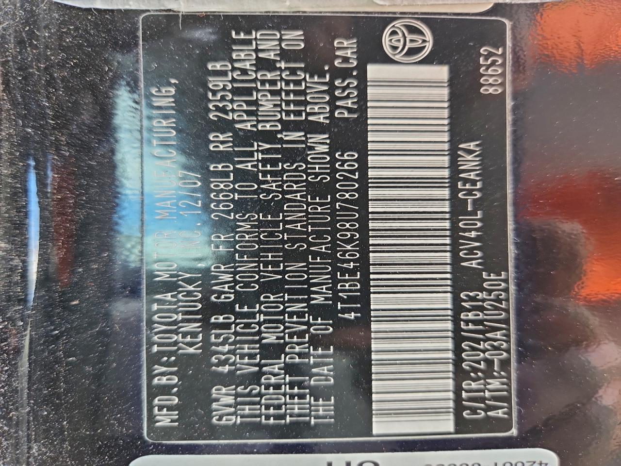2008 TOYOTA CAMRY CE photo 12