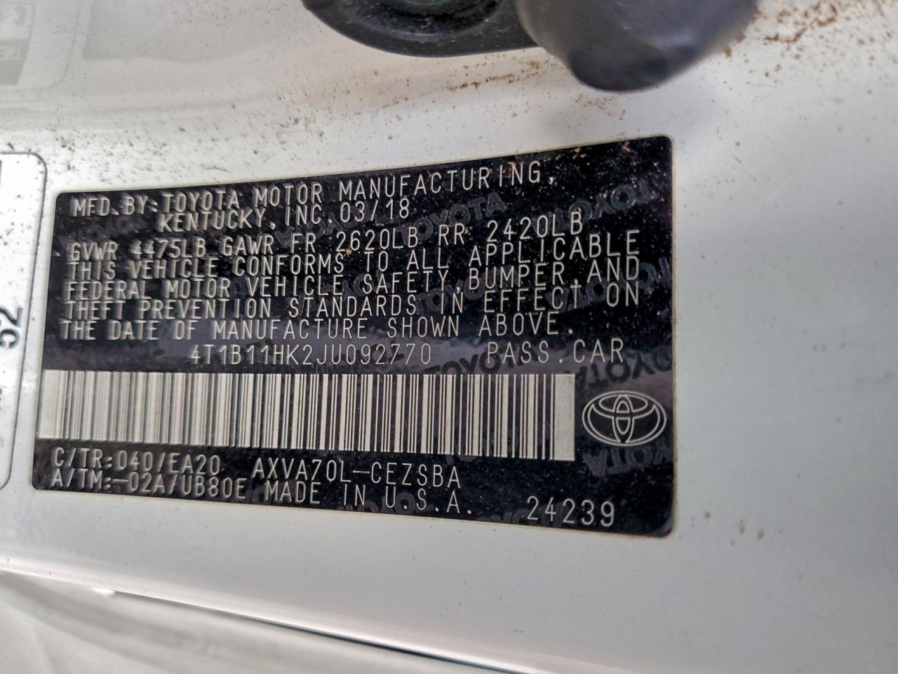 2018 TOYOTA CAMRY L photo 12