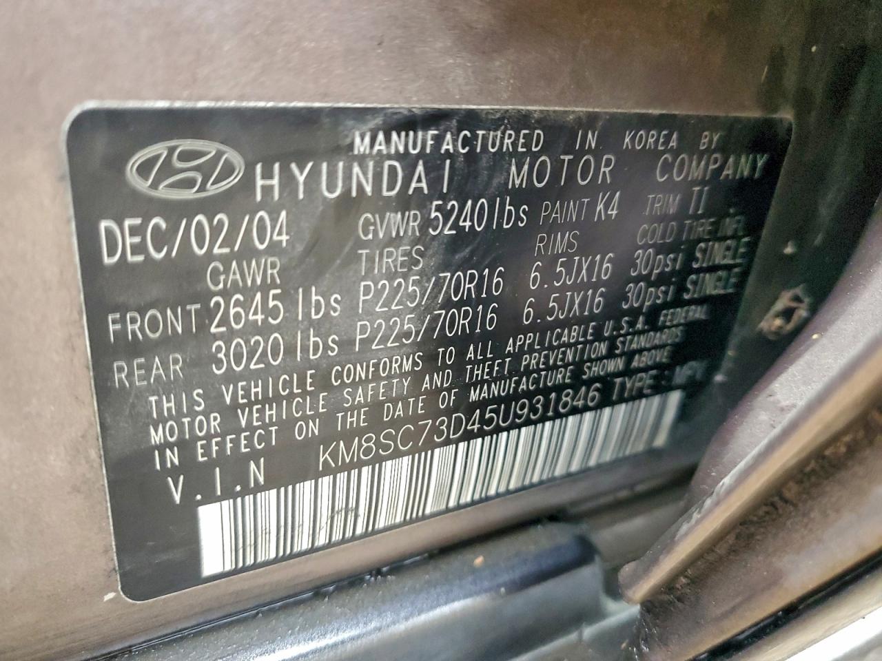 2005 HYUNDAI SANTA FE GLS photo 12