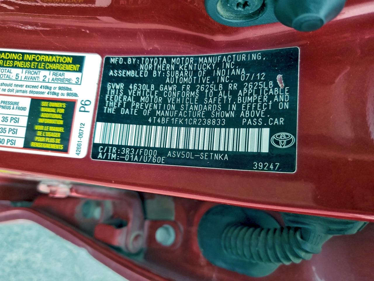 2012 TOYOTA CAMRY BASE photo 12