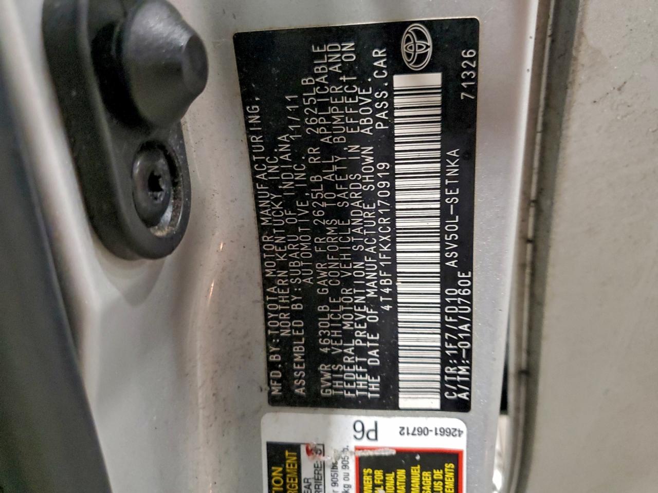 2012 TOYOTA CAMRY BASE photo 12