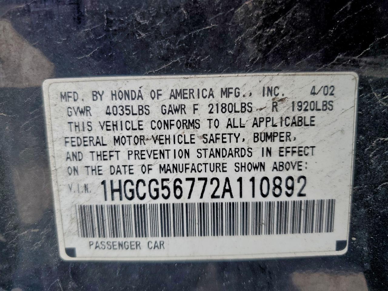 2002 HONDA ACCORD SE photo 12