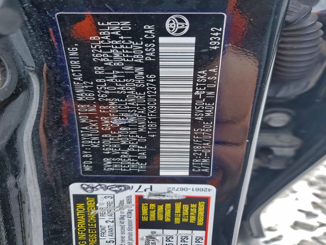 2012 TOYOTA CAMRY BASE photo 12